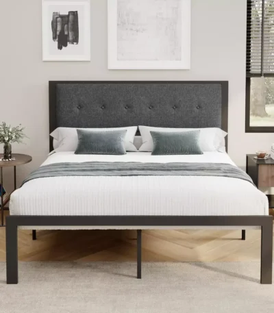 Luxe Upholstered Queen Bed Frame with Pillow-Soft Headboard – No Box Spring Needed | Modern Platform Design
