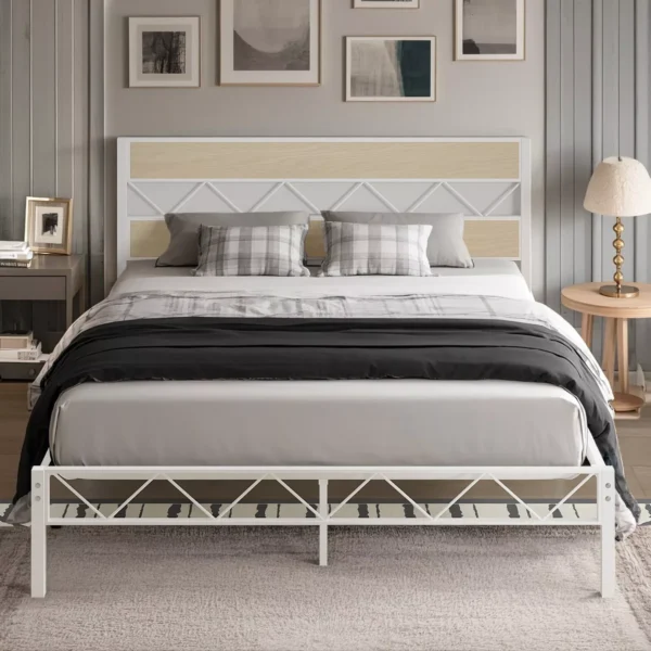  Modern Metal & Wood Bed Frame – Queen Size Platform with Rustic Headboard | US-Made | VAT-Included