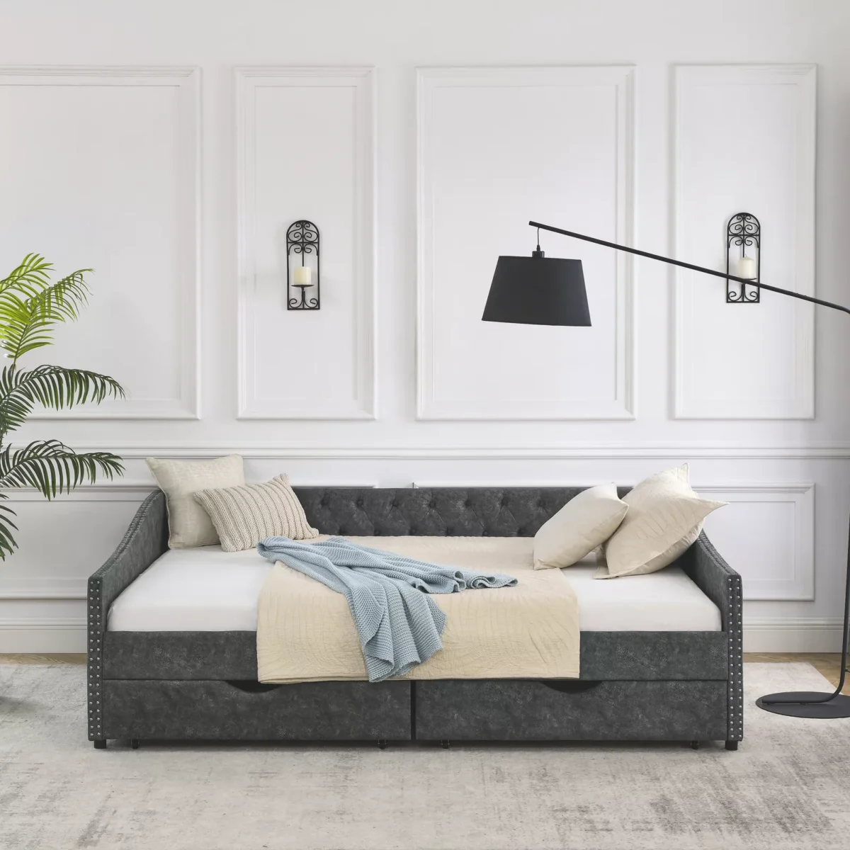 Queen Upholstered Daybed Sofa Bed | Tufted Design with Hidden Storage Drawers & Button-Accented Back