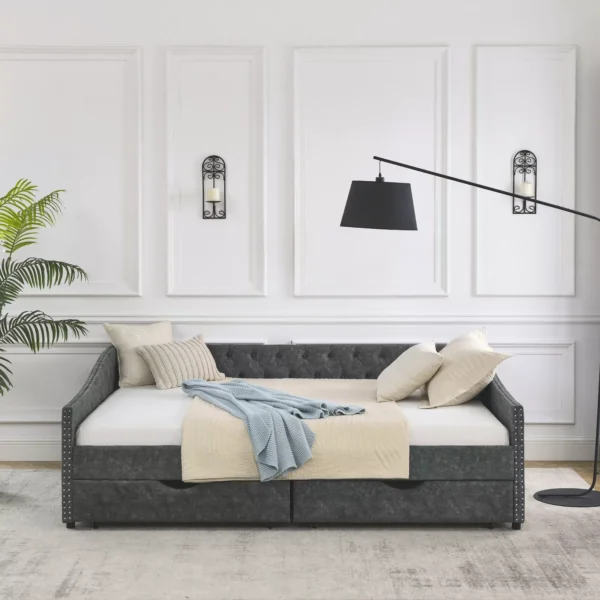 Queen Upholstered Daybed Sofa Bed | Tufted Design with Hidden Storage Drawers & Button-Accented Back
